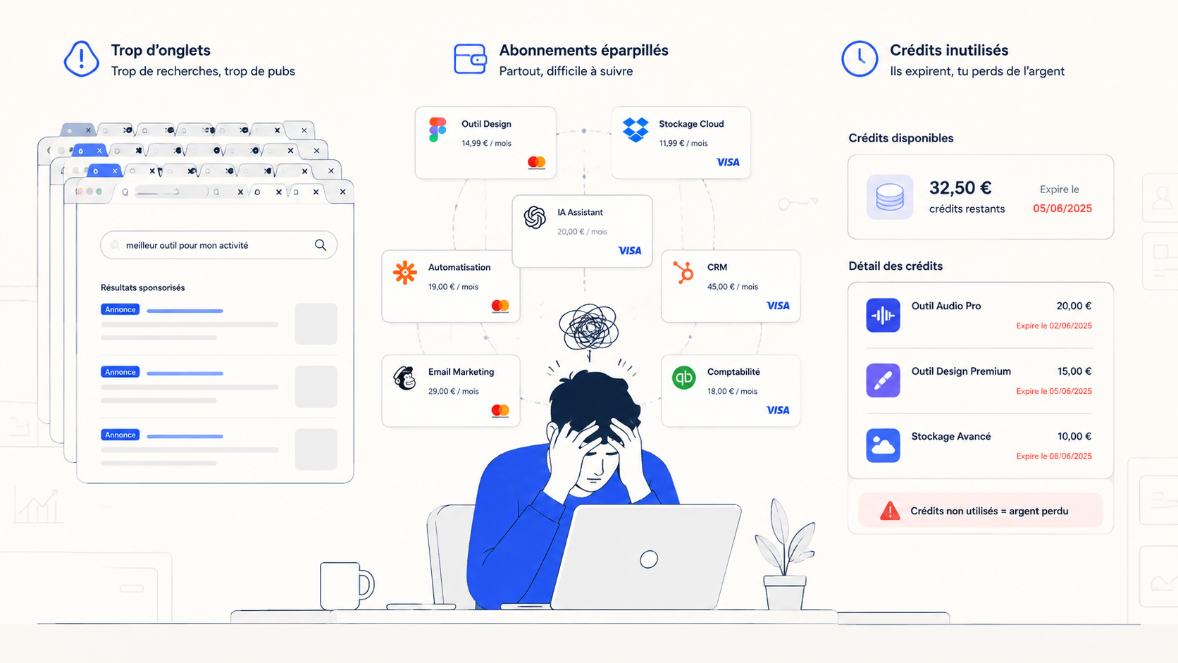 Illustration d'une personne stressée face à des abonnements éparpillés, des résultats sponsorisés et des crédits qui expirent.